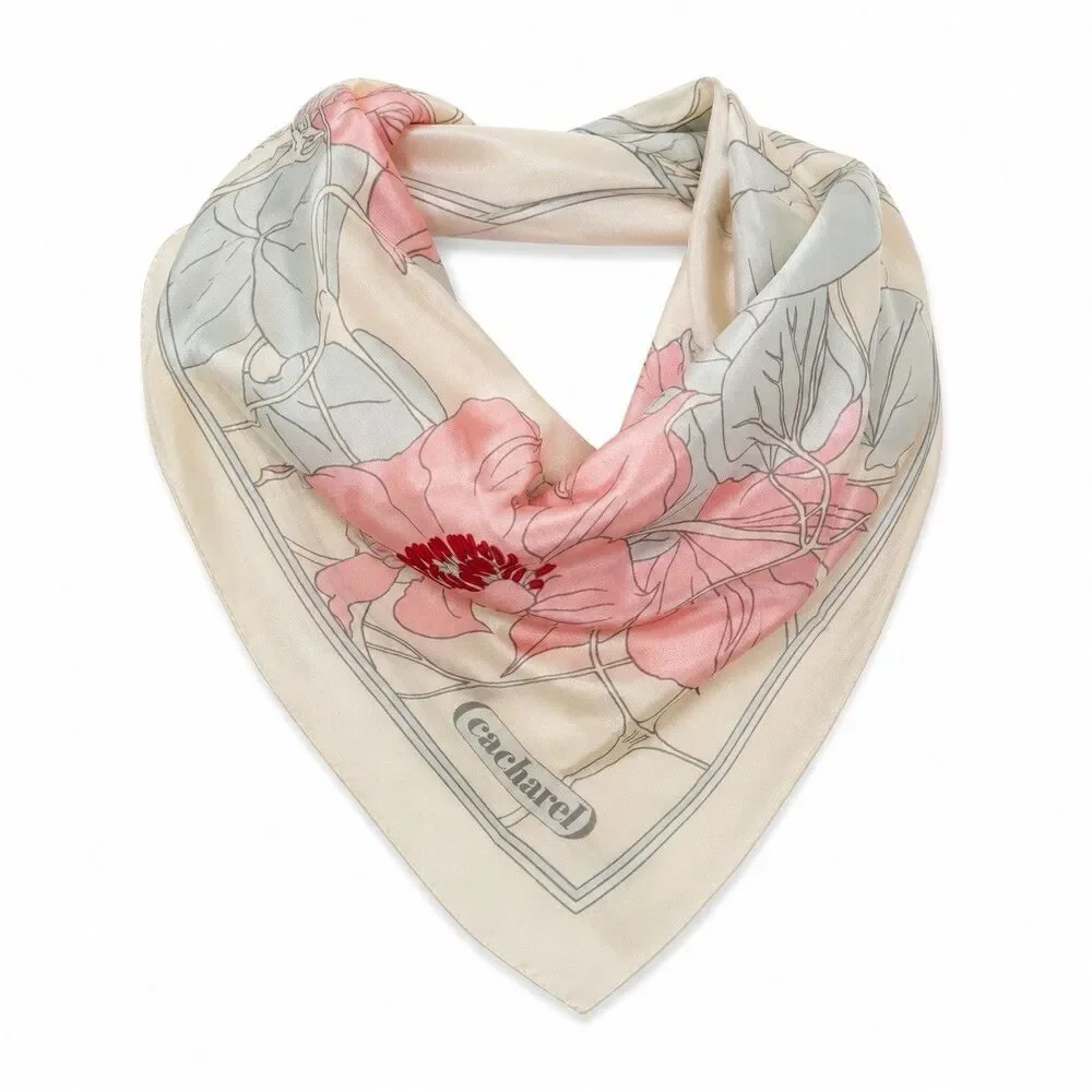 Vintage Cacharel Silk Floral Scarf ”Pastels Colors Hand Rolled